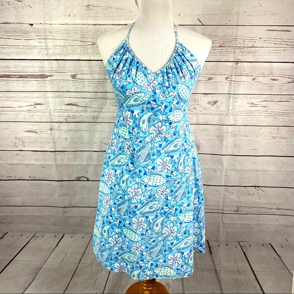 Lilly Pulitzer blue sea-world and flowers halter top summer dress Sz 6. - Picture 1 of 6